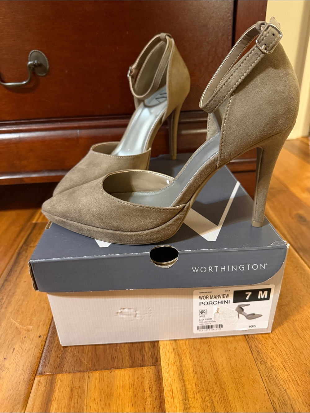 Worthington Taupe Suede Ankle-Strap Pointed-Toe Heels 7
